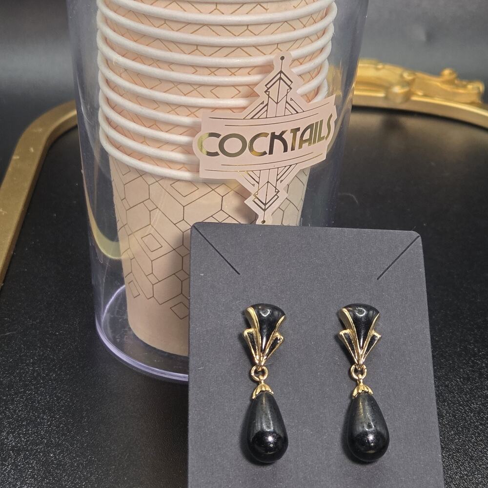 Vintage Art Deco Style Drop Earrings Bold Black/Gold & Plastic Cocktail Shaker